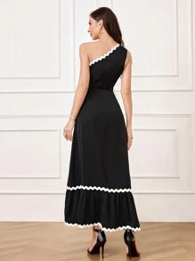 SHEIN Belle Women's Color Block Woven Tape Splicing Asymmetric Neckline Evening Gown,Semi Formal Prom Dress For Wedding Guest,Birthday,Graduation Homecoming - Black - View 2