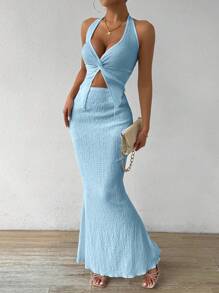 Chiquease 2 件套夏季性感纯色扭纹露背吊带上衣和鱼尾裙