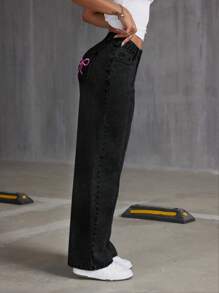 SHEIN ICON 刺绣蝴蝶结洗水牛仔裤 - 黑色 - 查看 3