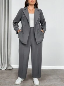 SHEIN Privé Bộ 2 món áo khoác blazer dài tối giản thường ngày cỡ lớn cho nữ màu xám - Xám - Xem 4