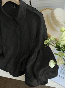 SHEIN Privé Áo sơ mi họa tiết cắt khoét cỡ lớn cho nữ, hàng mới về cho mùa thu trở lại trường - màu đen - Xem 5