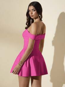 SHEIN BAE Women's White Off Shoulder Ruffle A-Line Mini Dress, Elegant Sweet Casual Fall Outfit, Suitable For Back To School, Birthday Party, Sundress - Hot Pink - View 2