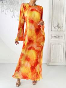 SHEIN Essnce 女士休闲时尚街拍浪漫约会褶皱水彩印花圆领长袖连衣裙褶皱面料橙色花卉女装舞会礼服晚宴装巡航女士装约会夜礼服 - 彩色 - 查看 4