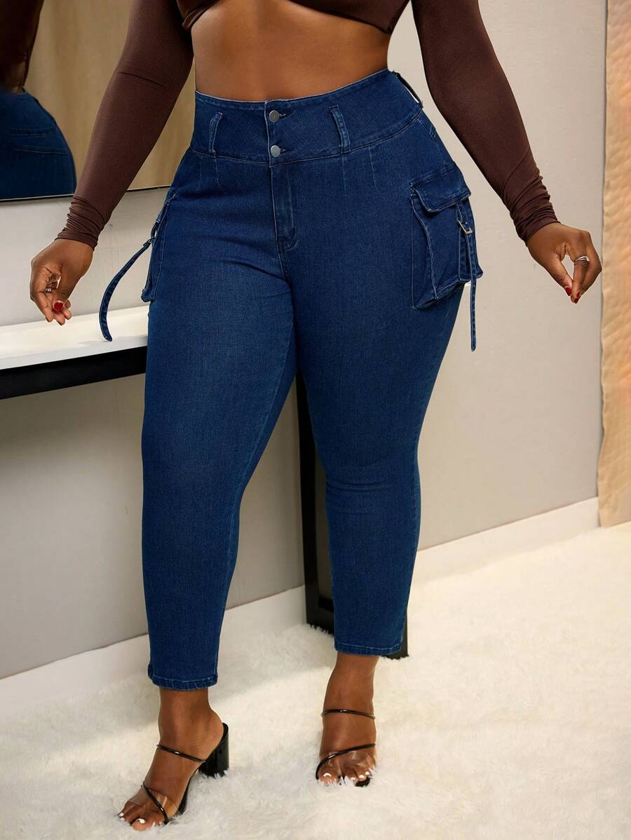 Slaydiva Plus Size Solid Color Pocket Distressed Raw Hem Skinny Jeans - Dark Wash - View 1