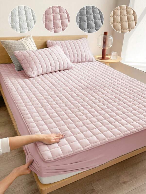 1 pieza Sábana ajustada acolchada sólida, ropa de cama, protector de colchón, cubrecama, sábana, textil para el hogar acogedor, protector de colchón transpirable y antipelusas, decoración del hogar, cubrecama decorativo de unicolor para dormitorio y dormitorio, se ajusta a todas las camas - individual, doble, queen, king, apto para todas las estaciones, lavable a máquina, cubrecama antipolvo, antideslizante, no incluye almohada ni funda de almohada, de vuelta al colegio