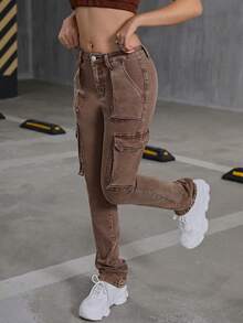 SHEIN Quần jean dài denim màu nâu bạc màu, có túi nắp, phong cách Y2K dành cho nữ tuổi teen, thích hợp cho mùa thu đi học. - Cà phê nâu - Xem 4
