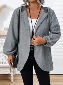 Plus Size Solid Color Long Sleeve Simple Hooded Cardigan, Casual Everyday Wear - Grey - View 4