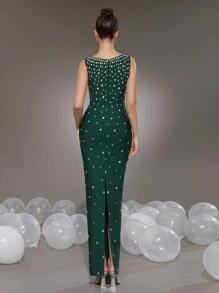 Modphy Neues elegantes ärmeloses olivgrünes Abendkleid mit quadratischem Ausschnitt, Strass-Verzierung und schmaler Passform für Hochzeit und festliche Anlässe