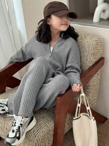Dazy Kids Bộ 2 áo len trơn màu cho bé gái, mùa thu - Xám - Xem 4