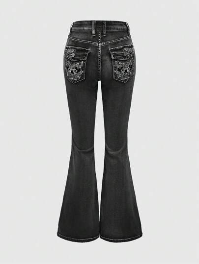 Grunge Punk Gyaru Punk Style Embroidered Slim Fit Flared Low Waist Jeans For Women