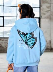 SHEIN Tween 女童休闲蝴蝶印花保暖内衬连帽卫衣 - 藍色 - 查看 6