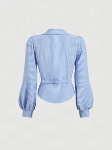 SHEIN MOD 藍白條紋女款秋季優雅辦公襯衫，翻領泡泡袖收腰 V 領正式商務休閒工作服 - 藍色 - 查看 2