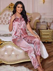 Floral Print Satin Lapel Pajama Set - Coral Pink - View 4