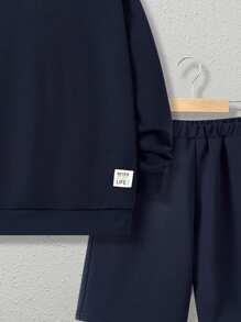 SHEIN Bộ 2 áo nỉ dệt kim cơ bản thường ngày cho bé trai tuổi mới lớn - Màu xanh hải quân - Xem 3