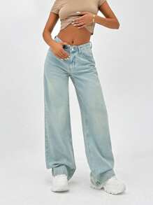 EURMUSE 100% Cotton HIGH RISE WIDELEG CUT ASYMMETRIC BELT WOMEN JEAN - Light Wash - View 5