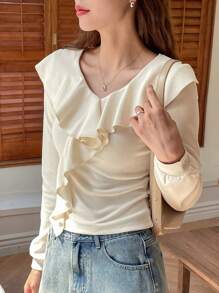DAZY Women's Solid Ruffle Trim Fitted Cute T-Shirt