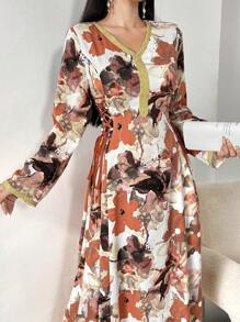 Al Najma 女式花卉印花长袖阿拉伯风格朴素连衣裙，优雅 A 字型阿拉伯卡夫坦 Jalabiya 朴素连衣裙 - 橘色 - 查看 7