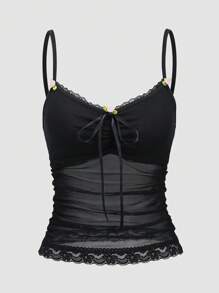 SHEIN LUNE Camiseta de mujer con encaje de contraste (recorte al azar) - Negro - Ver 1
