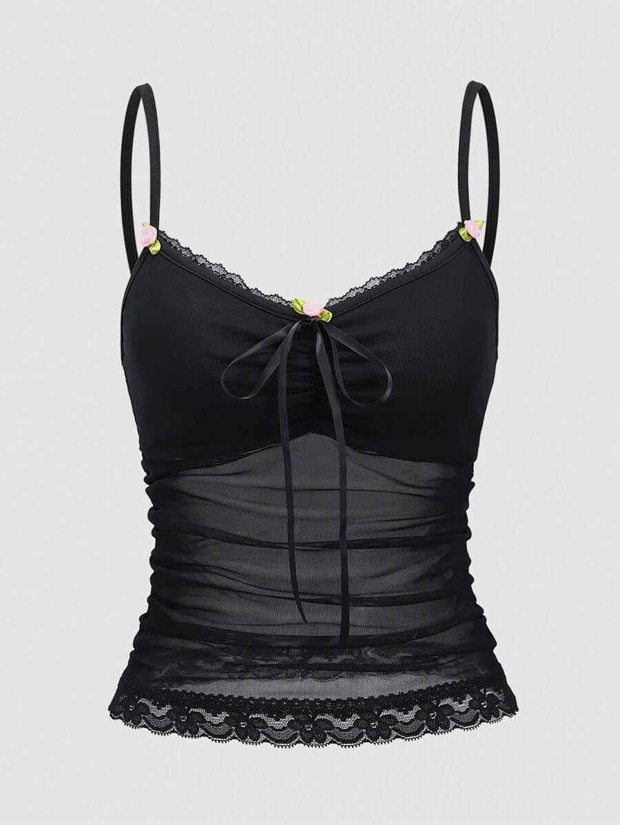 SHEIN LUNE Camiseta de mujer con encaje de contraste (recorte al azar) - Negro - Ver 1