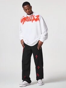 Manfinity VCAY Men's English Graphic Print Loose Fit Crew Neck Long Sleeve Knitted Sweatshirt, For Fall Winter - White - View 1