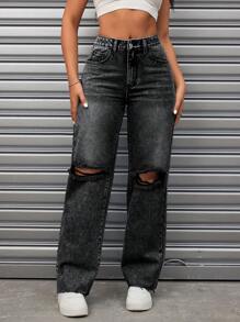 SHEIN ICON Mid-Waist Distressed Washed Straight-Leg Jeans