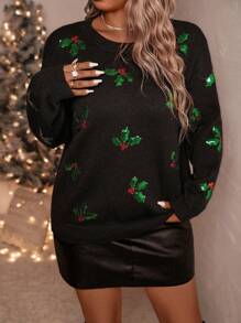 SHEIN Clasi Suéter tipo pullover grueso de punto negro con bordado y cuentas para mujer de talla grande, adecuado para Halloween, Año Nuevo, San Valentín, Acción de Gracias, Navidad, Pascua, fiestas de disfraces, Nochevieja, para invierno