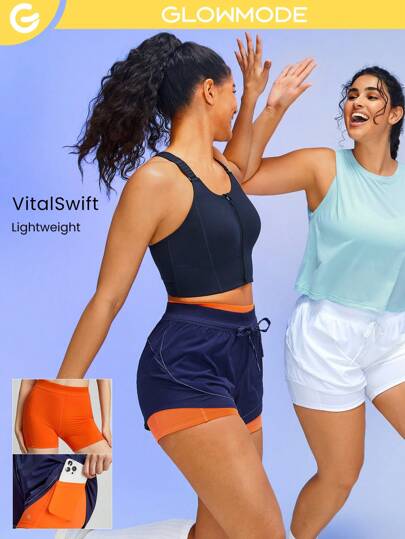 GLOWMODE Pantalones cortos de running VitalSwift Quick Dry 2 en 1, transpirables, con control de olor, reflectantes, desmontables y con capas, de alto impacto para entrenamiento de verano en gimnasio