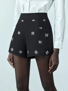 Maija 女士黑色水钻设计现代都市百搭高腰A字短裤，商务休闲风，适合情人节、圣帕特里克节、复活节、春节、音乐节、复古风夏季外出及毕业典礼等场合。 - 黑色 - 查看 6