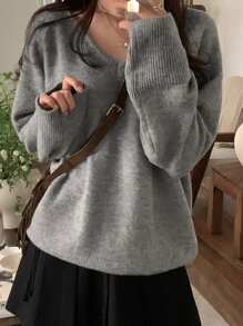 DAZY 女式纯色 V 领长袖套头衫、长袖上衣、秋装