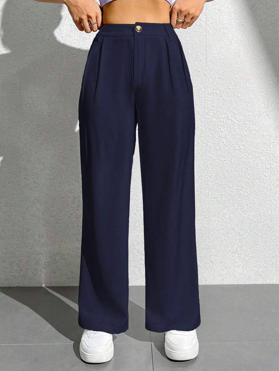 SHEIN PETITE Women's Solid Color Wide Leg Long Pants, Commute Style - Navy Blue - View 1