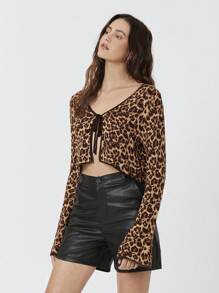 SHEIN EZwear Lightweight Leopard Print Knitted Cardigan, Spring Summer - Brown - View 6