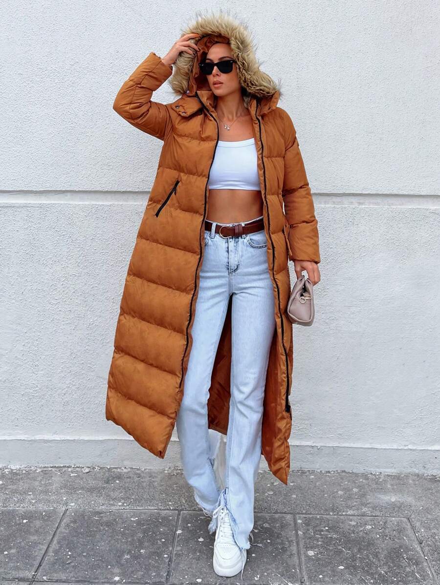 RueChic Zip Pocket Hooded Puffer Coat - Màu Mù tạt vàng - Xem 1