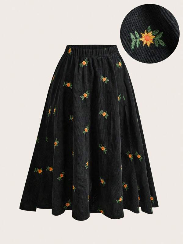 Flirla Plus Size Women Floral Embroidered Decor Skirt, For Winter Corduroy Women Outfit