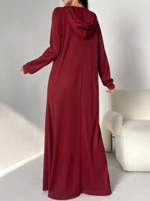 Al Najma 女式简约前扣长袖连帽休闲阿拉伯连衣裙，朴素休闲服长款运动衫阿拉伯连衣裙，适合日常休闲/返校/旅行 - 鏽棕色 - 查看 2