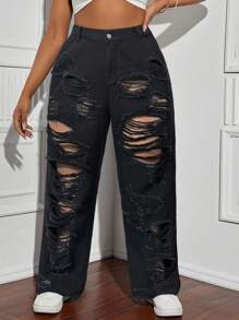 SHEIN SXY 大码复古破洞直筒牛仔裤 - 黑色 - 查看 6
