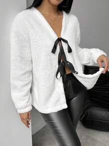 Chiquease Women Contrast Color Warm Fleece Hooded Jacket With Front Tie - White - View 5
