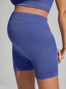 SHEIN Women's Baby Blue Seamless Maternity Shorts,Summer Gym Sportswear For Pregnant Women,Soft Fabric Supports Belly,Casual Tight-Fitting Daily Wear - Blue - View 3