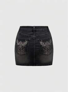 ROMWE Grunge Punk Women's Y2K Cross Embroidered Bling Denim Skirt