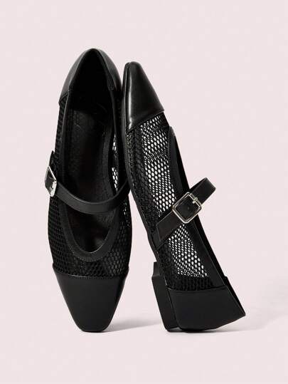 CUCCOO DOLLMOD 黑色方头网眼撞色女士复古镂空软底休闲鞋，适合日常、通勤、派对、散步、圣诞节秋季