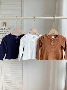 SHEIN Leap Crew 3 件套柔软舒适男童/女童休闲日常百搭亨利领长袖 T 恤，适合春秋冬季室内外穿着 - 彩色 - 查看 6