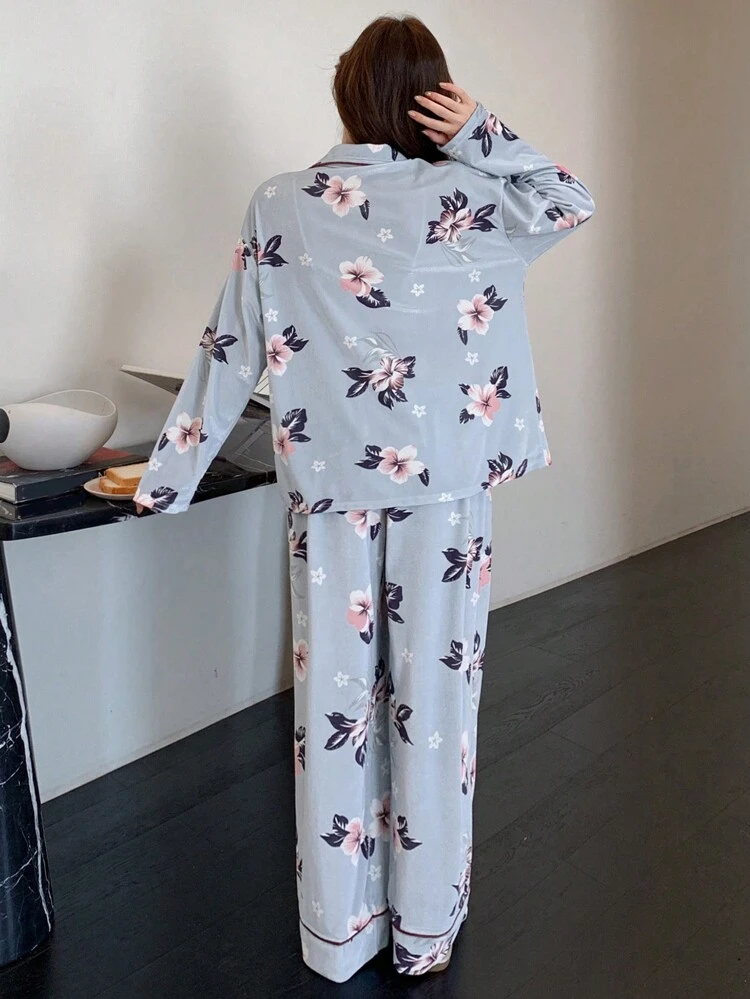 Contrast Piping Long Sleeve Front Button Floral Allover Print Velvet Pajama Set