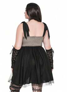 Flirla Goth Punk Gothic Punk Style Vintage Ruffle Mesh Patchwork Gathered Waist Dress, Halloween/Dark Punk - Black - View 2