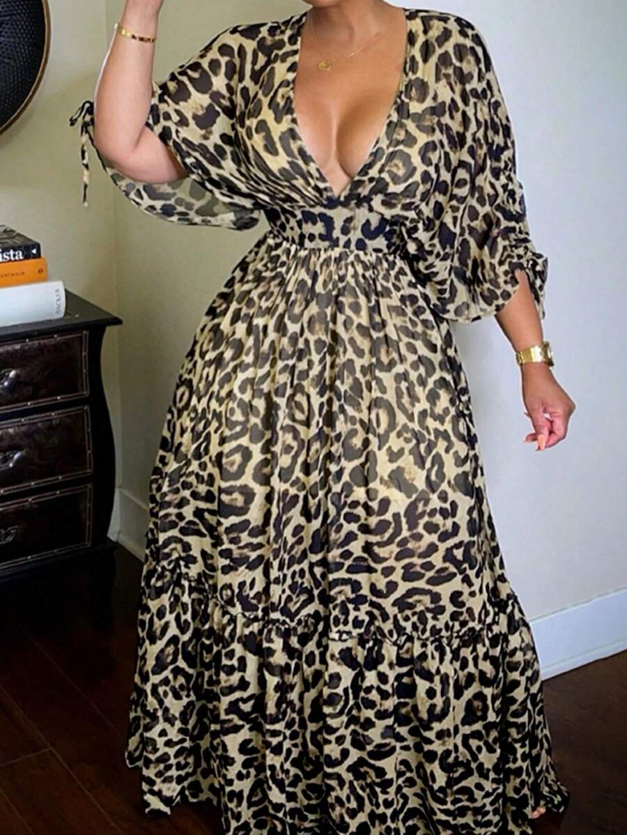 SHEIN Slayr 女士深 V 领长袖卷边豹纹优雅连衣裙 - 黃色 - 查看 1