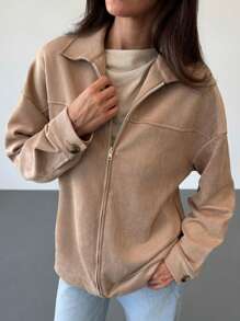 Aloruh Women's Mid-Length Zipper Pocket Fitted Jacket - Khaki - View 4