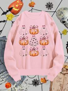 SHEIN LUNE Fall Halloween Ghost & Pumpkin Print Loose Fleece Sweatshirt, Autumn Clothes - Pink - View 1