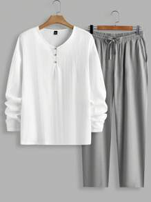 Manfinity VCAY 2pcs Men's Set: Loose Fit Drop Shoulder Crew Neck Long Sleeve T-Shirt And Elastic Waist Relaxed Fit Casual Pants, Summer - Multicolor - View 1