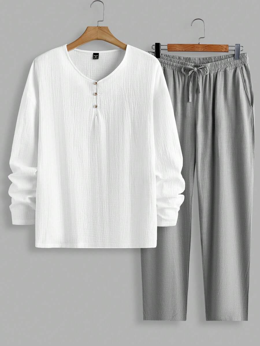 Manfinity VCAY 2pcs Men's Set: Loose Fit Drop Shoulder Crew Neck Long Sleeve T-Shirt And Elastic Waist Relaxed Fit Casual Pants, Summer - Multicolor - View 1