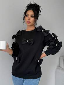 Chiquease Women Oversized Bow Decor Drop Shoulder Sweatshirt - Black - View 3
