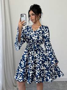 Chiquease V-Neck Geometric Print Flared Sleeve Women's Dress - Navy Blue - View 1
