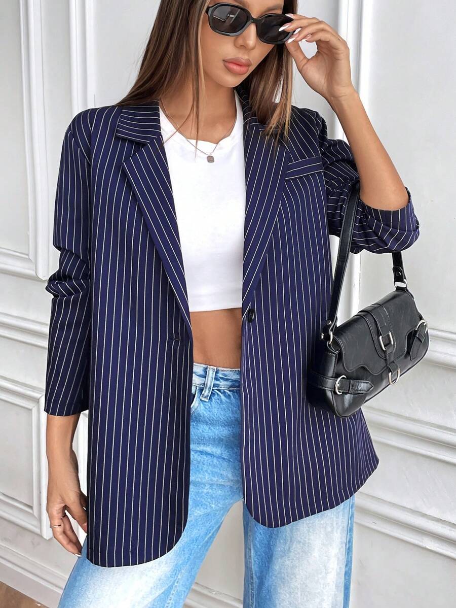 SHEIN Unity 海军蓝条纹女式专业工作西装外套 - 寶藍色 - 查看 1
